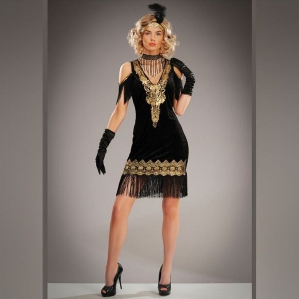 Dreamgirl Black Gold Flapper Dress Fringed Velvet Sparkly 50s 60s Size XL Party